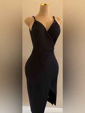 Black Wrap-Front Midi Dress with Slit - Unbranded